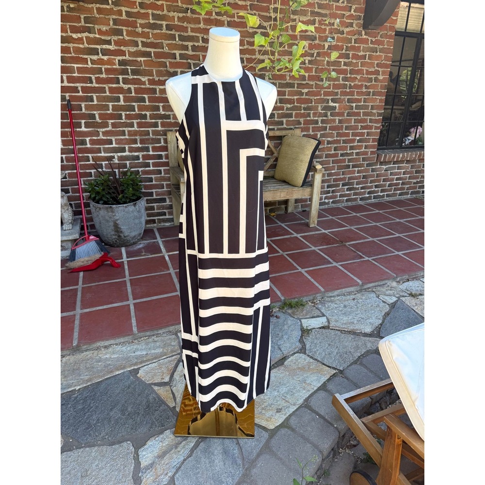Donna Morgan Black White Geometric Stripe Halter Maxi Dress Pockets Size 6 - Picture 2 of 6